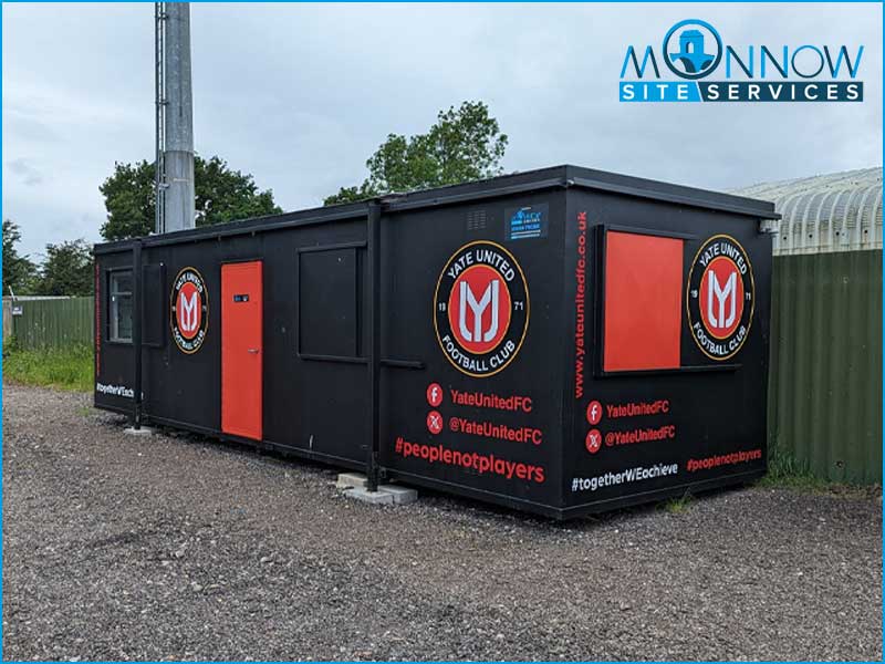 Monnow Site Services have delivered a bespoke 32ft x 10ft Thurston anti-vandal office, painted in the livery of Yate United Football Club.