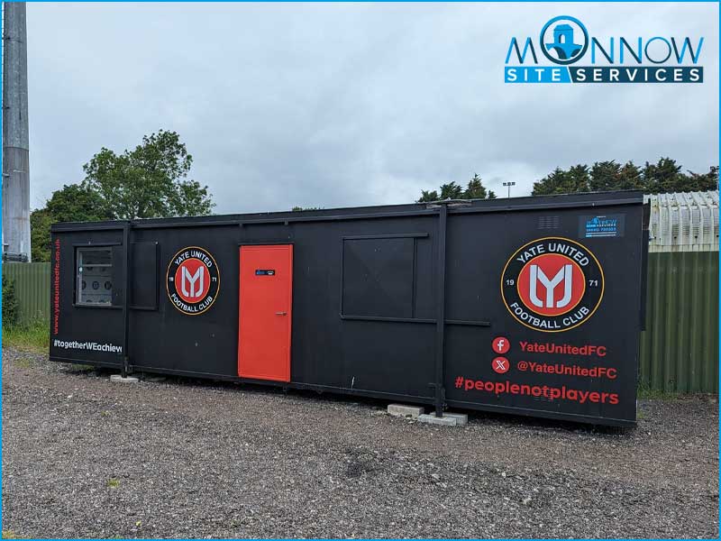 Monnow Site Services have delivered a bespoke 32ft x 10ft Thurston anti-vandal office, painted in the livery of Yate United Football Club.